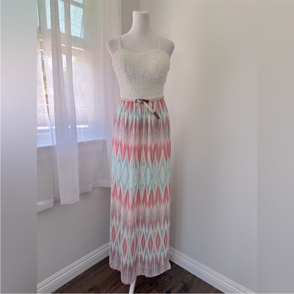 Lily Rose Ivory, Coral & Teal Boho Print Belted Sleeveless Maxi Dress